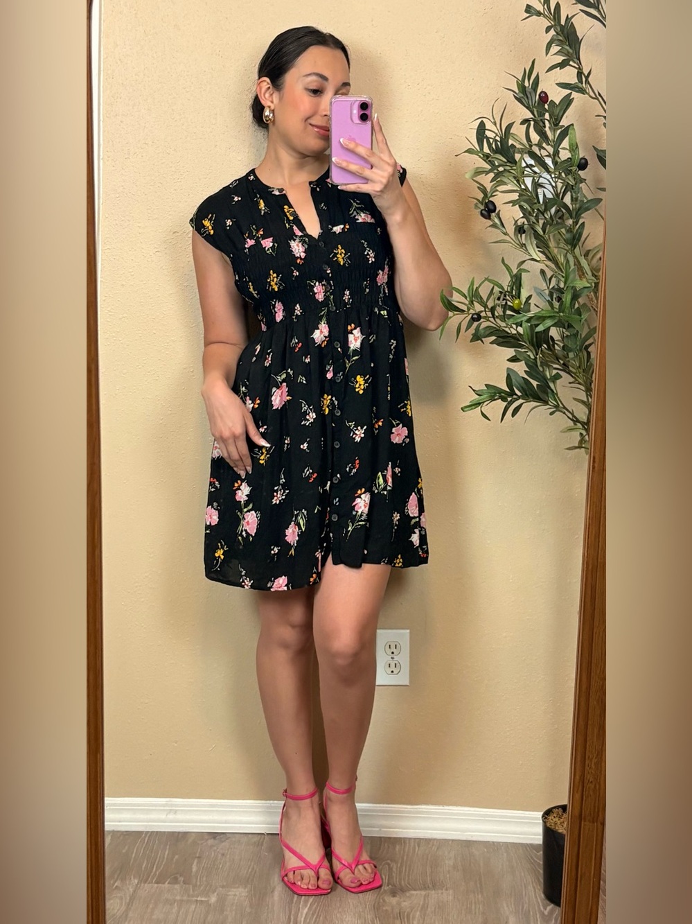 FREE PEOPLE | Black Floral Short-Sleeve Smocked Waist Dress